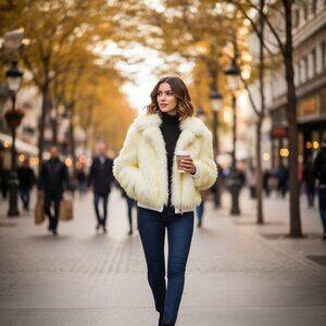 Becagli Fur Mohair Bomber Jacket Yellow White NWT IT 42 US Small Designer Italy